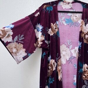 Lovely J Floral‎ Velvet Kimono Duster Cardigan Bohemian Style Maroon